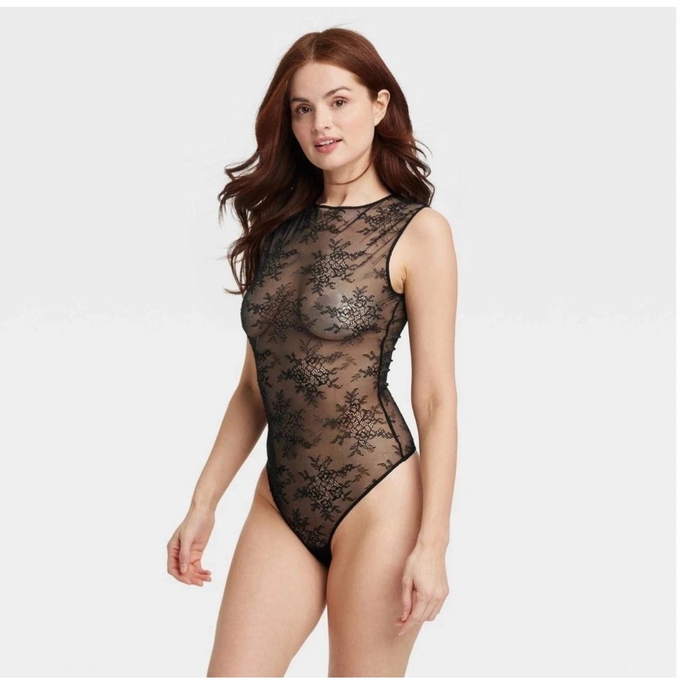 Auden Size Large Black Lace Sleeveless Lingerie Bodysuit Keyhole Thong NWT